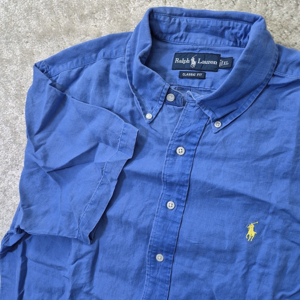Ralph Lauren Button Down Shirt Mens XL Blue Linen Silk Coastal Beach Luxury USA
